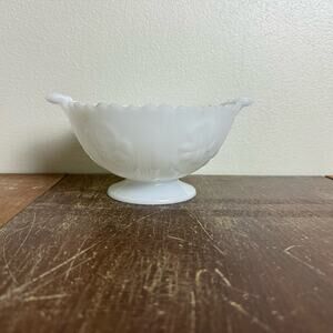 Jeanette Glass Vintage Milk Glass Iris Floral Herringbone pedestal Compote‎ dish